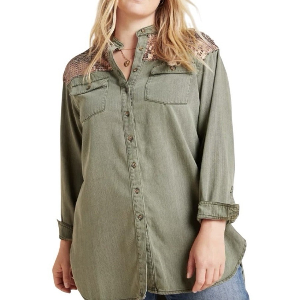 Anthropologie Shirt Top Women's Size 8 Green Sequined Cargo Relaxed Button Up